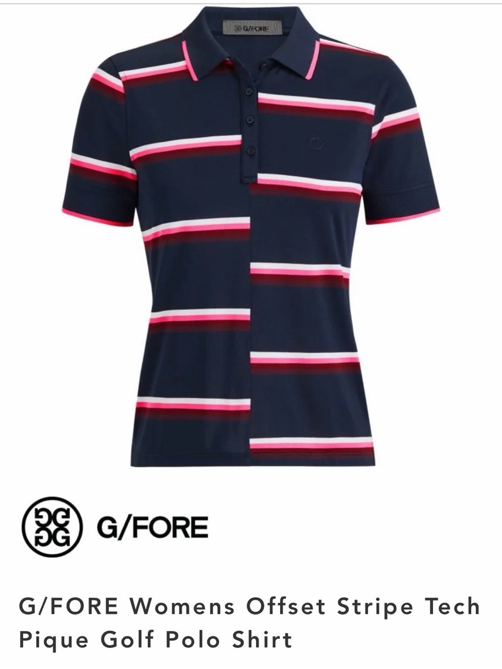 G/FORE Navy Polo with Pink & White Stripe Accents